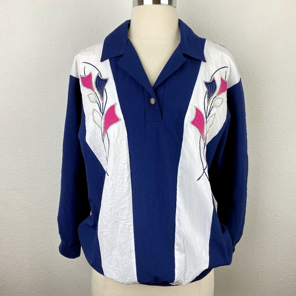 Vintage 80s Graff Blue White Bold Blouse Large Crepe Appliqué Western Boho USA